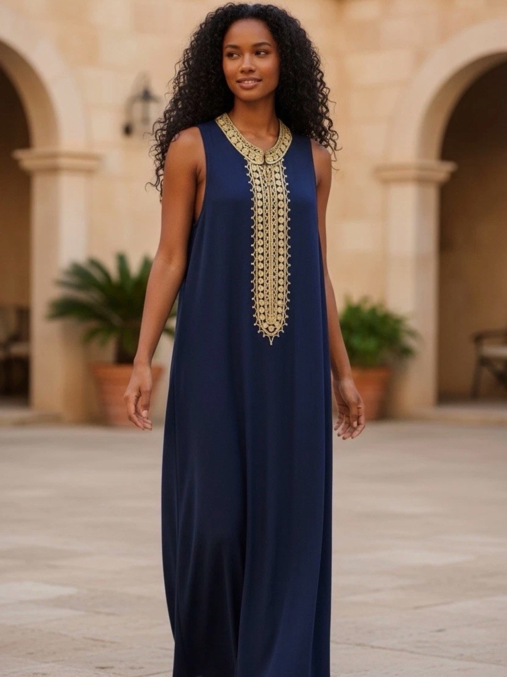 Lilly Pulitzer Navy Maxi Dress Gold Embellished Detail Resort Beach Evening Sz 8